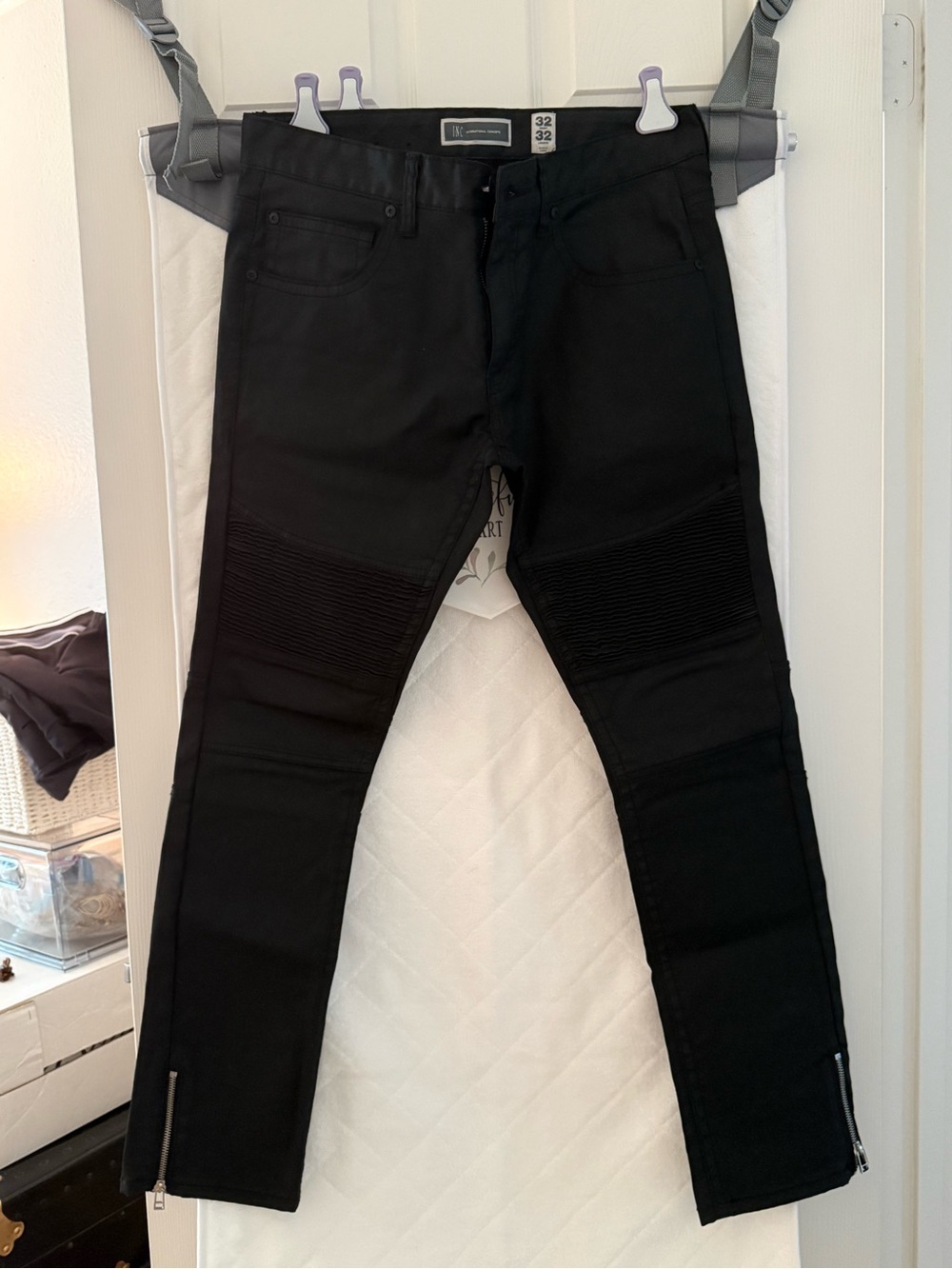 INC International Concepts Black Skinny Moto Jeans with Knee Ribbing